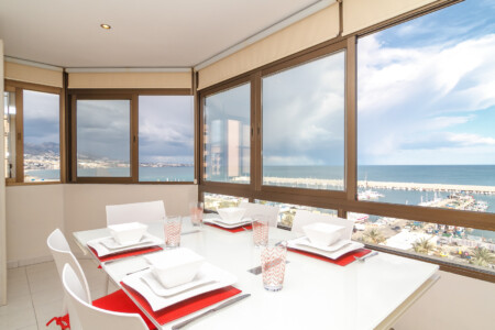 Dining area with harbor views